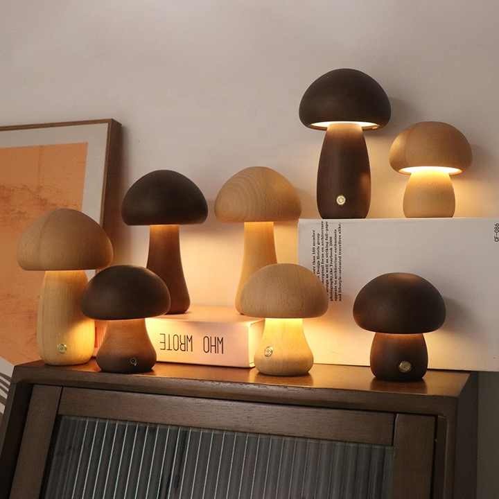 Lámpara LED de Noche de Madera en Forma de Hongo - Recargable y Portátil