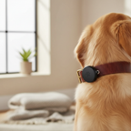 Localizador Bluetooth negro enganchado al collar de una mascota