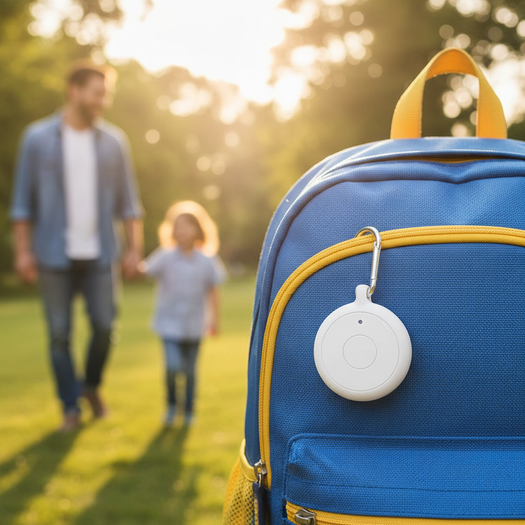 Localizador Bluetooth enganchado a la mochila de un niño